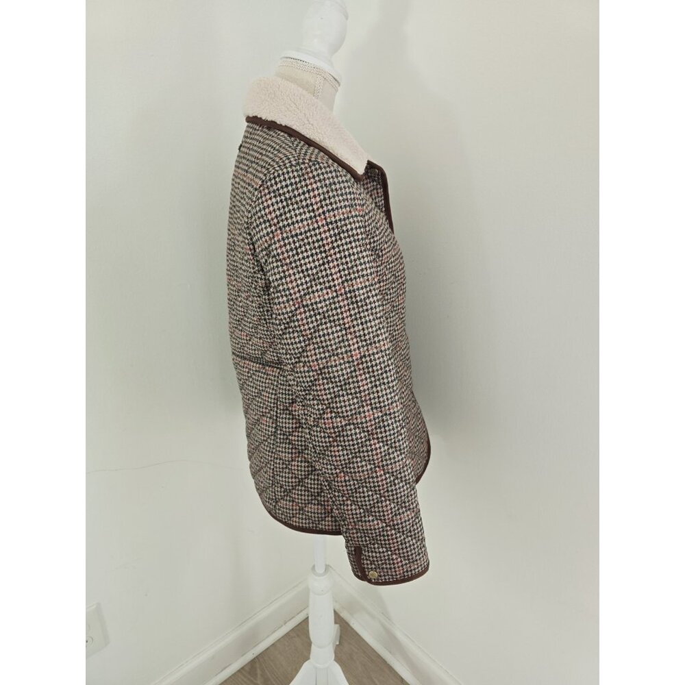 Lauren Ralph Lauren Houndstooth Quilted Jacket S Brown Green Faux Sherpa Collar - Picture 10 of 14